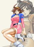  ankle_boots boots breasts brown_hair choker cleavage earrings g_gundam green_eyes gundam high_heels highres jewelry jpeg_artifacts large_breasts rain_mikamura shoes solo thighhighs zoom_layer 