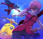  canti cloak flcl gloves goggles grin ground_vehicle guitar guitar_case haruhara_haruko helmet instrument instrument_case kasai_shin motor_vehicle pink_hair robot scarf scooter shadow short_hair smile sunlight vespa vest 