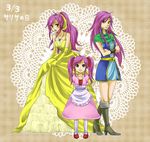  blush doily dress elbow_gloves embarrassed faris_scherwiz final_fantasy final_fantasy_v gloves green_eyes hair_ribbon hairband high_heels jewelry long_hair m0y0 multiple_persona necklace open_mouth ponytail purple_hair ribbon sarisa_highwind_tycoon shoes smile time_paradox tomboy twintails younger 