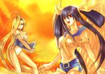  asymmetrical_wings bad_id bad_pixiv_id belt blonde_hair blue_eyes blue_hair blue_sailor_collar bow breasts casual_one-piece_swimsuit denim denim_shorts dizzy guilty_gear hair_bow long_hair medium_breasts midriff millia_rage multiple_girls navel one-piece_swimsuit pirate red_eyes ribbon sailor_collar shorts sparkle swimsuit tail twenty underboob wings 