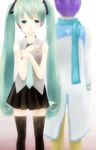  1girl aqua_eyes aqua_hair bad_id bad_pixiv_id blue_hair hatsune_miku headset kaito long_hair necktie scarf short_hair skirt tears thighhighs twintails vocaloid zawa zettai_ryouiki 