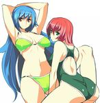  armpits ass bikini blue_hair breasts competition_swimsuit green_bikini green_eyes green_swimsuit large_breasts long_hair multiple_girls one-piece_swimsuit original red_eyes red_hair ryuuta_(msxtr) swimsuit white_background 