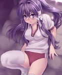  blush breasts buruma clannad fujibayashi_kyou gym_uniform long_hair medium_breasts purple_eyes purple_hair solo thighhighs zen 