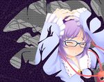  bad_id bad_pixiv_id bespectacled blue-framed_eyewear blush breast_grab breasts glasses grabbing hairband komeiji_satori ogami_kazuki purple_hair small_breasts solo touhou 