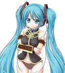  aqua_eyes aqua_hair cosplay hatsune_miku long_hair megurine_luka megurine_luka_(cosplay) midriff mugityax panties solo twintails underwear very_long_hair vocaloid vocaloid_boxart_pose 