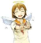  brown_hair closed_eyes dress haibane_renmei halo hands naotan orange_sailor_collar rakka sailor_collar short_hair smile solo wings 