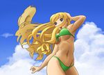  bikini blonde_hair blue_eyes cloud day hat long_hair original sky solo straw_hat swimsuit tatuo 