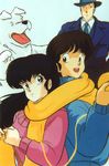  2boys 3_3 black_hair brown_hair dog formal godai_yuusaku hat long_hair maison_ikkoku multiple_boys necktie otonashi_kyouko scan scan_artifacts scarf soichirou suit yotsuya 