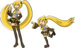  akita_neru blonde_hair chibi detached_sleeves dual_persona eyebrows long_hair multiple_girls navel necktie open_mouth pointing side_ponytail simple_background skirt smith_hioka thighhighs very_long_hair vocaloid yellow_eyes yellow_neckwear 