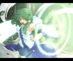  angry armpits bare_shoulders battle detached_sleeves energy_weapon fighting_stance glowing green_eyes green_hair hair_ornament hairpin kochiya_sanae leaf letterboxed long_hair magic magic_circle morino_hon open_mouth pentagram solo sword touhou weapon 