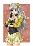  beyond_the_nobles breast_hold breasts choker cleavage gloves grey_hair hida_tatsuo idolmaster idolmaster_(classic) idolmaster_sp large_breasts long_hair miniskirt pleated_skirt shijou_takane silver_hair simple_background skirt solo 