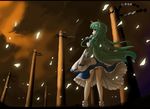  detached_sleeves frog_hair_ornament from_behind from_below green_hair hair_ornament kochiya_sanae letterboxed long_hair looking_up north_abyssor onbashira shide skirt snake_hair_ornament socks solo standing sunset touhou yellow_eyes 