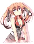  blue_eyes breasts cleavage ka2 large_breasts lyrical_nanoha mahou_shoujo_lyrical_nanoha_strikers open_clothes open_shirt orange_hair shirt solo teana_lanster thighhighs twintails 