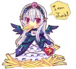  bad_id bad_pixiv_id chibi chocolat_(momoiro_piano) food french_fries hairband long_hair orange_eyes rozen_maiden silver_hair simple_background solo suigintou wings 