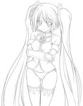  cosplay greyscale hatsune_miku lineart long_hair megurine_luka megurine_luka_(cosplay) monochrome mugityax panties solo thighhighs twintails underwear very_long_hair vocaloid vocaloid_boxart_pose work_in_progress 