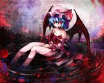  bare_legs bare_shoulders barefoot bat_wings blood blood_on_face bloody_clothes blue_hair hat looking_at_viewer off_shoulder red_eyes remilia_scarlet ribbon sho_(runatic_moon) sitting smile solo submerged touhou water wings 