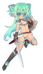  animal_ears aqua_eyes aqua_hair armor bad_id bad_pixiv_id belt bikini bikini_armor blade_(galaxist) blush boots cat_ears elf extra_ears gradient_hair green_hair loose_belt micro_bikini midriff multicolored_hair navel original pointy_ears shield solo swimsuit sword weapon 