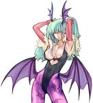  adjusting_hair animal_print aqua_hair armpits arms_up bat_print bat_wings breasts bridal_gauntlets capcom_vs_snk capcom_vs_snk_2 cleavage demon_girl fur_trim head_wings heart highleg highleg_leotard large_breasts leotard lips long_hair morrigan_aensland naughty_face nishimura_kinu official_art pantyhose pose print_legwear purple_wings simple_background solo standing succubus vampire_(game) wings yellow_eyes 