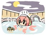  bathing black_eyes blush bubble bucket chan_co chibi choko_(cup) cloud cup full_moon headphones jitome megurine_luka moon onsen partially_submerged solo steam takoluka tentacle_hair tokkuri towel towel_on_head vocaloid wooden_bucket 