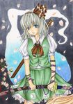  blue_eyes conductance hairband hitodama katana konpaku_youmu konpaku_youmu_(ghost) sheath sheathed short_hair silver_hair solo sword touhou traditional_media weapon 