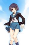  arm_at_side bangs blue_legwear blue_skirt blue_sky blush cardigan cloud day from_below kita_high_school_uniform kneehighs long_sleeves looking_at_viewer miniskirt nagato_yuki neck_ribbon open_cardigan open_clothes purple_hair red_ribbon ribbon satou_atsuki school_uniform serafuku short_hair skirt skirt_lift sky solo spread_fingers suzumiya_haruhi_no_yuuutsu thigh_gap upskirt wind wind_lift yellow_eyes 