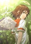  abe_yoshitoshi angel_wings brown_eyes brown_hair haibane_renmei halo highres looking_back messy_hair orange_sailor_collar rakka sailor_collar solo static_cling wings 