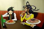  1girl bad_id bad_pixiv_id black_hair breasts cleavage dahlia_(pokemon) dark_skin drinking food frontier_brain glass hirococo long_hair medium_breasts nejiki_(pokemon) pasta pokemon pokemon_(game) pokemon_dppt pokemon_platinum purple_eyes spaghetti 