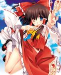  armpits black_hair blue_eyes bow detached_sleeves foreshortening hair_bow hakurei_reimu hands holding japanese_clothes jumping long_hair midair midriff miyasu_risa mouth_hold ofuda one_eye_closed solo touhou 