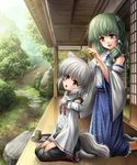  :o animal_ears comb detached_sleeves green_hair hairdressing inubashiri_momiji kei_kei kneeling kochiya_sanae multiple_girls porch scenery seiza silver_hair sitting stairs tail touhou tray veranda wolf_ears wolf_tail yellow_eyes 