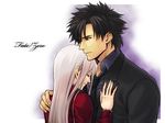  1girl black_hair emiya_kiritsugu fate/zero fate_(series) hug irisviel_von_einzbern long_hair necktie zanshi 