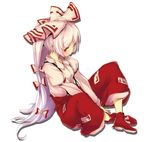  bad_id bad_pixiv_id baggy_pants bangs blush bow buriki fujiwara_no_mokou hair_bow hair_ribbon long_hair ofuda pants ponytail red_eyes ribbon simple_background sitting solo suspenders touhou white_hair 