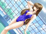  adjusting_hair arm_up breasts brown_hair closed_eyes covered_nipples dutch_angle game_cg horohoro_(game) indoors long_hair mame_sensha medium_breasts non-web_source o-ring o-ring_swimsuit one-piece_swimsuit pool poolside profile starting_block swimsuit v-neck wet window 
