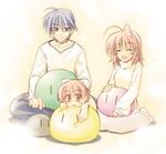  2girls antenna_hair blue_eyes brown_eyes brown_hair clannad closed_eyes dango_daikazoku family furukawa_nagisa husband_and_wife multiple_girls ogura_shuuichi okazaki_tomoya okazaki_ushio short_hair 