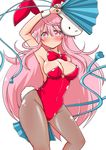  animal_ears bare_shoulders black_legwear blush bow bowtie breasts bunny_ears bunny_girl bunny_tail bunnysuit cleavage detached_collar fan folding_fan hata_no_kokoro highres large_breasts long_hair looking_at_viewer mask pantyhose pink_eyes pink_hair rindou_(p41neko) simple_background solo tail tears thighs touhou white_background wrist_cuffs 