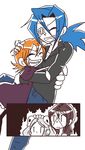  ^_^ aura bloody_marie_(skullgirls) blue_hair carol_(skullgirls) casual closed_eyes cut-in grin hug jealous multiple_girls no_hat no_headwear nyoro_mutou orange_hair painwheel_(skullgirls) peacock_(skullgirls) skullgirls smile valentine_(skullgirls) |_| 