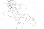  ass breasts dutch_angle gond greyscale hair_ribbon i-19_(kantai_collection) kantai_collection large_breasts lineart long_hair monochrome profile ribbon school_swimsuit sketch solo swimsuit thighhighs twintails wading 