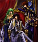  2boys bare_shoulders black_hair breasts brown_hair c.c. c_(rahit) cleavage cloak code_geass crossed_legs dress gloves green_eyes green_hair high_heels holding_hands kururugi_suzaku lelouch_lamperouge lipstick long_hair makeup medium_breasts multiple_boys parted_lips purple_eyes sitting throne yellow_eyes 