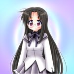  1girl akemi_homura_(cosplay) black_hair blush female glasses gradient gradient_background highres long_hair looking_at_viewer lucky_star magical_girl mahou_shoujo_madoka_magica parody purple_eyes shirai_daizu smile tamura_hiyori 