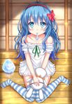  alternate_costume bare_shoulders blue_eyes blue_hair blush bow date_a_live dress hair_bow hairband hand_puppet highres kazenokaze long_hair looking_at_viewer puppet shaved_ice solo striped striped_legwear stuffed_toy thighhighs white_dress wooden_floor yoshino_(date_a_live) yoshinon 