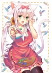  :d anceril_sacred animal_ears apron bad_id bad_pixiv_id black_legwear blue_eyes blush bow breasts cat_ears cat_tail green_eyes hair_bow large_breasts long_hair looking_at_viewer mishima_kurone open_mouth original paint paintbrush palette pink_hair shirokami_project smile solo tail thighhighs trim_brush 