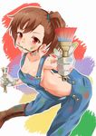  brown_hair fuku_d futami_mami idolmaster idolmaster_(classic) leaning_forward looking_at_viewer mouth_hold naked_overalls overalls paint_on_face paintbrush pointing pointing_at_viewer red_eyes short_hair side_ponytail solo 