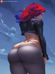  1girl arched_back ass ass_focus blue_eyes blue_hair butt_crack cloud crop_top cropped_jacket curvy cutesexyrobutts from_behind gradient_hair highleg highleg_panties highres hips huge_ass jacket leather leather_jacket long_hair looking_at_viewer looking_back looking_down lowleg lowleg_pants multicolored_hair on original outdoors panties pants red_hair skindentation sky solo thick_thighs thighs thong tight tight_pants two-tone_hair underwear whale_tail wide_hips 