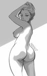  ass breasts from_behind greyscale hand_in_hair highres large_breasts looking_back monochrome nipples nude original robert_porter sketch 