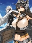  armpits asanuma black_hair breasts covered_nipples face_grab hand_to_own_mouth headgear jewelry kantai_collection large_breasts long_hair multiple_girls nagato_(kantai_collection) navel outstretched_arm red_eyes ring shinkaisei-kan ta-class_battleship trembling wedding_band 