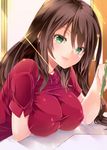  amasora_taichi blush breasts brown_hair commentary_request covered_nipples green_eyes large_breasts long_hair looking_at_viewer original pen smile solo 