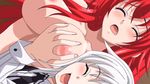  2girls animated animated_gif blush breast_grab breasts eyes_closed grabbing high_school_dxd large_breasts multiple_girls nude red_hair rias_gremory smile talking toujou_koneko white_hair yuri 