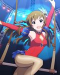  :d \o/ armpits arms_up artist_request blue_eyes brown_hair cleavage_cutout detached_sleeves idolmaster idolmaster_million_live! kousaka_umi leotard long_hair official_art open_mouth outstretched_arms pantyhose red_leotard sheer_legwear smile 