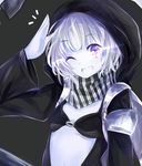  armor bra buckle glowing glowing_eyes grin hood hooded_jacket jacket kantai_collection looking_at_viewer one_eye_closed purple_eyes re-class_battleship salute scarf shinkaisei-kan shoulder_pads smile solo teeth underwear vebonbon 