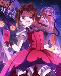  ;d brown_hair fangs fingerless_gloves gloves halloween idolmaster idolmaster_million_live! jack-o'-lantern laughing looking_at_viewer my_dear_vampire official_art one_eye_closed open_mouth purple_eyes side_ponytail smile v-shaped_eyebrows yokoyama_nao 