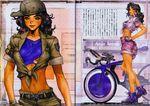 anja_anion belt bicycle bike_shorts black_hair breasts fingerless_gloves front-tie_top galgrease galhound gloves ground_vehicle hand_on_hip hat highres lips long_hair looking_at_viewer medium_breasts midriff navel parted_lips shirou_masamune shirt shorts smile tied_shirt translation_request underboob w_tails_cat 